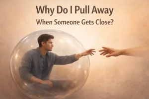Person inside a transparent bubble reaching toward another hand, representing avoidant attachment and pulling away when someone gets close.