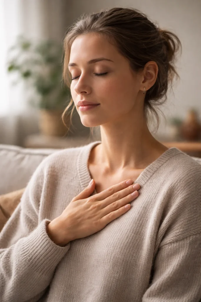 A woman sitting calmly with her eyes closed and one hand on her chest, noticing body sensations with gentle awareness in a quiet, softly lit room, representing grounding and emotional regulation during a panic attack experience.