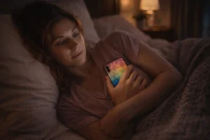 Tired mother lying on her side in bed at night, holding a phone with a rainbow glitter case, quietly reflective in warm bedside light.