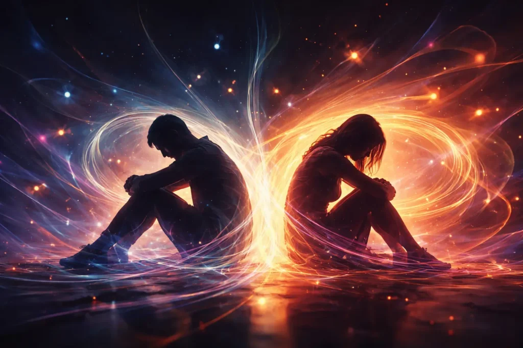 “Abstract illustration of two separated shapes fading into space, suggesting emotional distance and disconnection.”