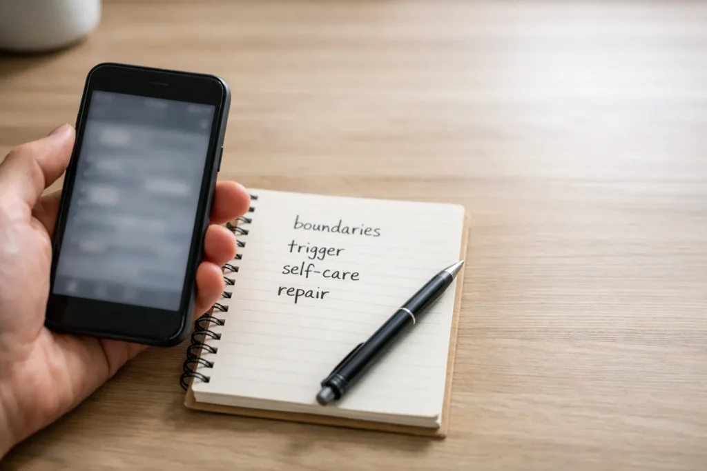 Hand holding a smartphone with blurred messages beside a notebook labeled boundaries, trigger, self-care, and repair, illustrating Gen Z selfish debate and therapy speak in relationships