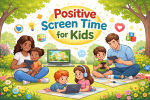 Colorful illustration of a parent and children using screens thoughtfully, with books, toys, and outdoor elements to represent balanced, positive screen time for kids.