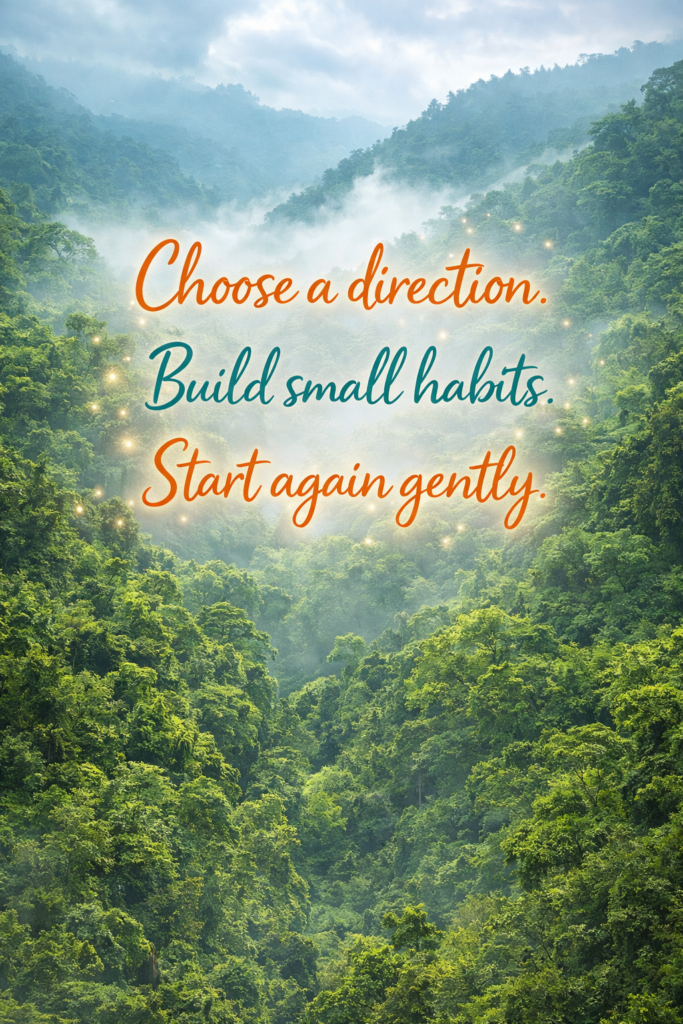 Lush green rainforest mountains covered in mist with an uplifting motivational quote that reads: Choose a direction. Build small habits. Start again gently.