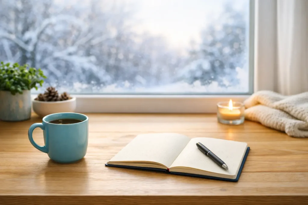 Minimal winter desk by a window with a mug, notebook, and pen, representing rebuilding motivation after burnout in January.
