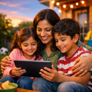 South Asian mother hugging her two young children as they smile and look at a tablet together minimizing the screen time struggles on a porch at sunset with warm string lights.