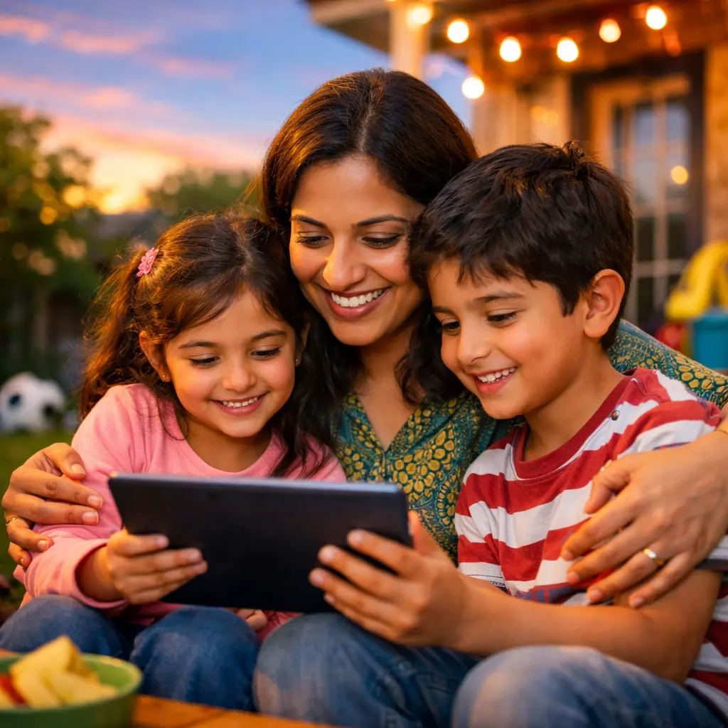 South Asian mother hugging her two young children as they smile and look at a tablet together minimizing the screen time struggles on a porch at sunset with warm string lights.