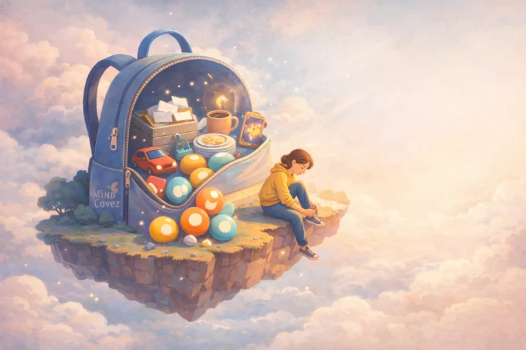 Dreamy floating backpack island with tiny daily stress objects like inbox, traffic, dishes, phone, and coffee while a person rests and breathes.