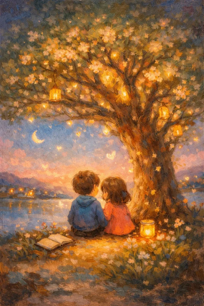 Kawaii oil painting of two people under a glowing tree at twilight, symbolizing unresolved trauma in relationships and gentle emotional healing