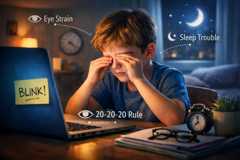 Child rubbing eyes while using a laptop at night, illustrating digital eye strain, sleep trouble, and the 20-20-20 rule