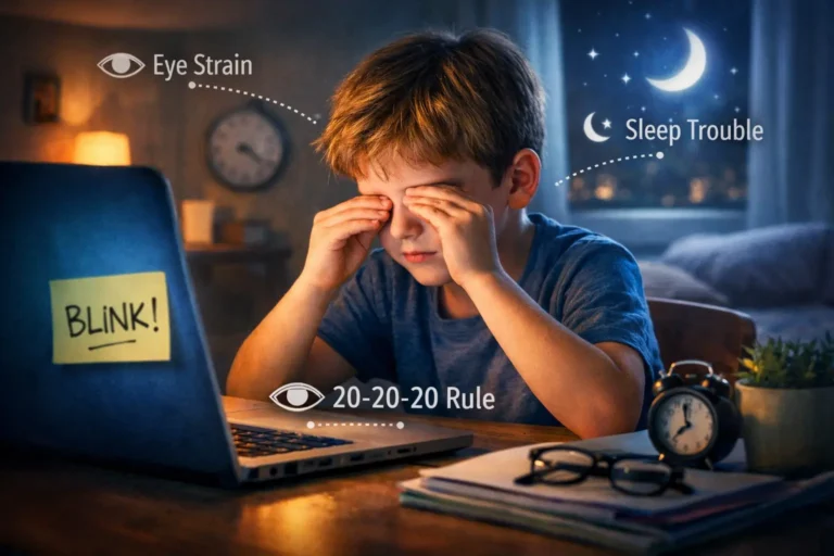 Child rubbing eyes while using a laptop at night, illustrating digital eye strain, sleep trouble, and the 20-20-20 rule