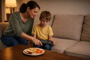 “Parent gently ending a child’s tablet time at home with a snack ready for the next activity.”