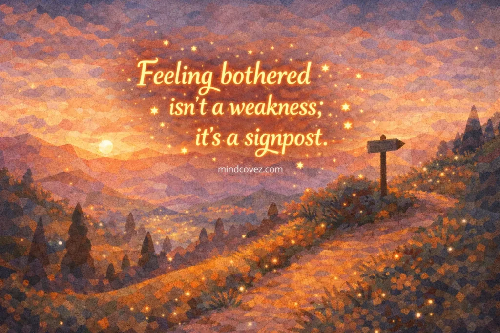 “Atmospheric landscape illustration featuring the quote ‘Feeling bothered isn’t a weakness; it’s a signpost.’ in Gembol-style lettering, with a centered mindcovez.com watermark.”