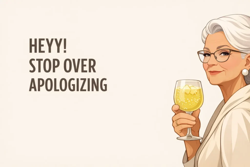 Stylish, composed elderly woman holding a sparkling lemonade in a goblet beside the quote “Heyy! Stop Over Apologizing” on an off-white minimalist background.