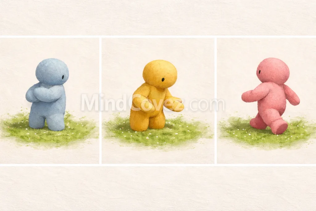 Three-panel plush-style illustration of protective strategies linked to insecure attachment in childhood (MindCovez.com watermark centered)