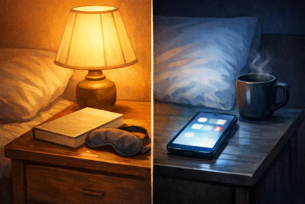 Split bedside scene showing mixed sleep cues: warm lamp, book, and sleep mask on one side, and a glowing phone and coffee mug on the other. Which cue seems good for better sleep?