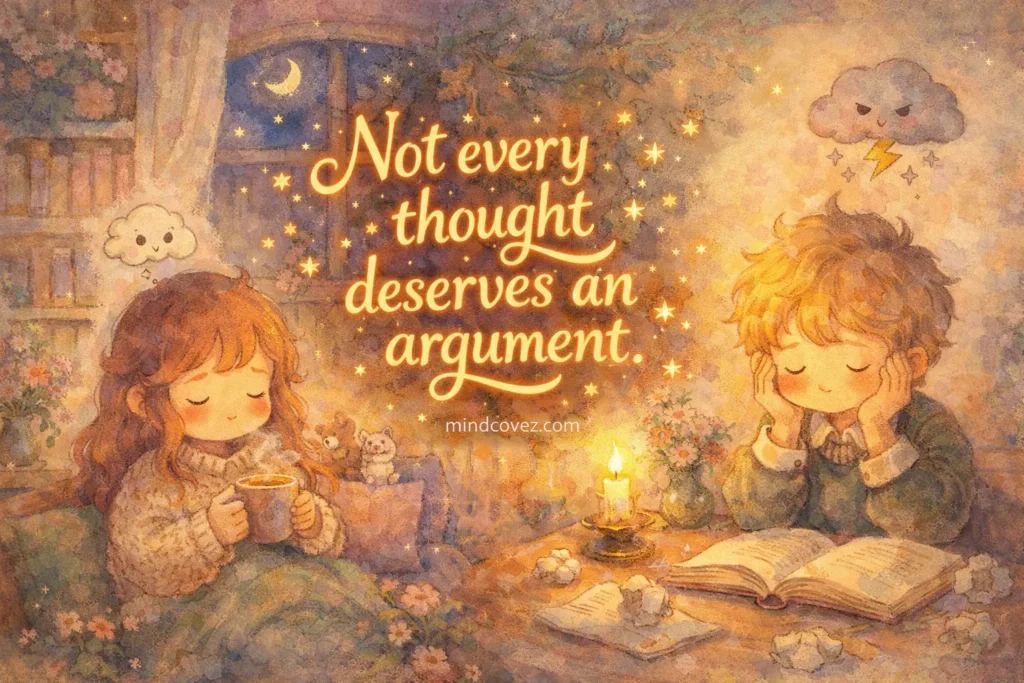 “ illustration with kawaii characters in a dreamy magical room, featuring the quote ‘Not every thought deserves an argument.’ in Gembol-style lettering and a centered mindcovez.com watermark.”
