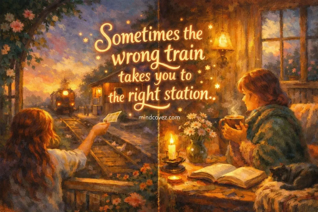 “Magical realism cottage with the quote ‘Sometimes the wrong train takes you to the right station.’ in playful Gembol-style lettering, showing letting go on a train platform and healing in a warm candlelit room, with mindcovez.com watermark centered.”