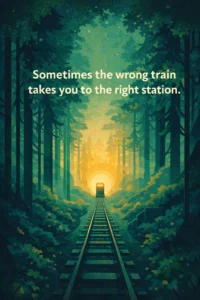 poster of an enchanted forest with train tracks leading to a glowing station and the quote “Sometimes the wrong train takes you to the right station.”