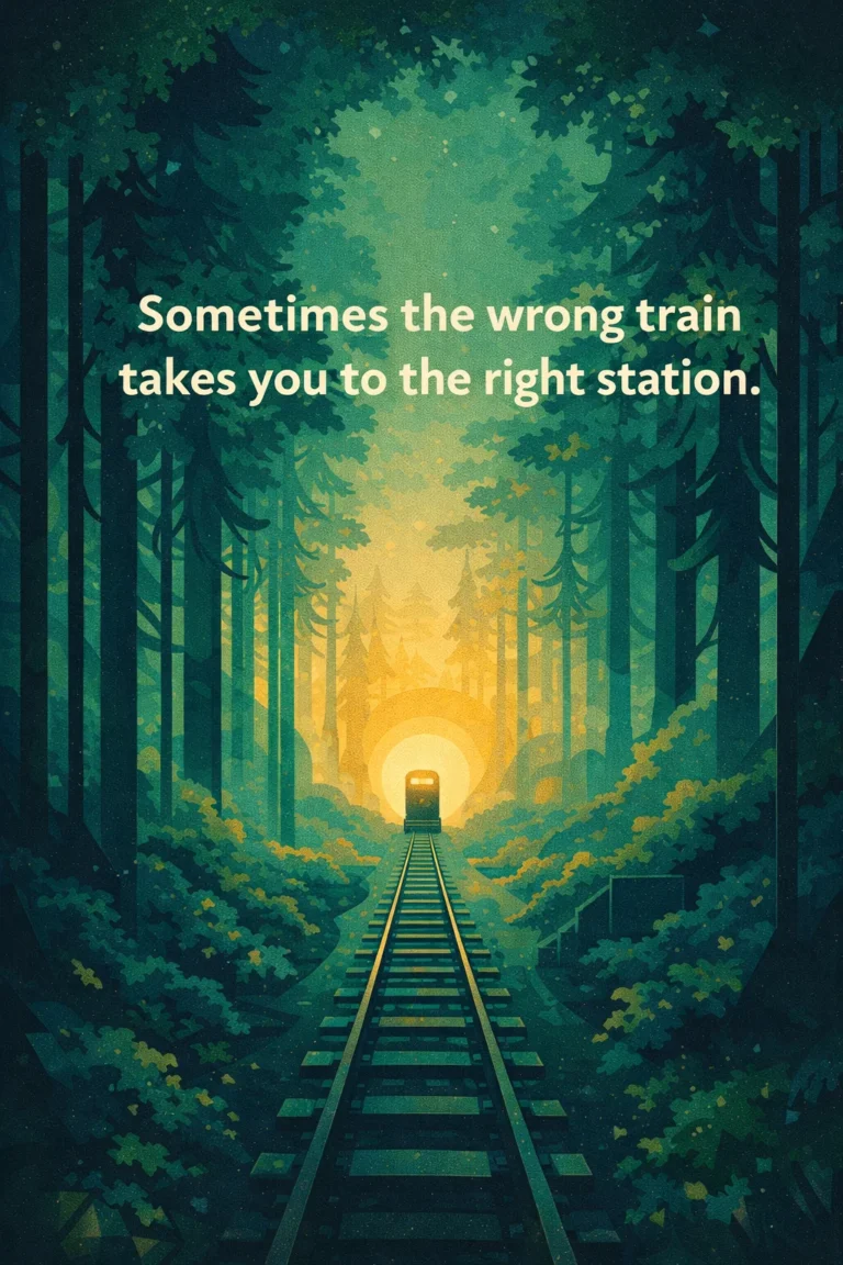 poster of an enchanted forest with train tracks leading to a glowing station and the quote “Sometimes the wrong train takes you to the right station.”