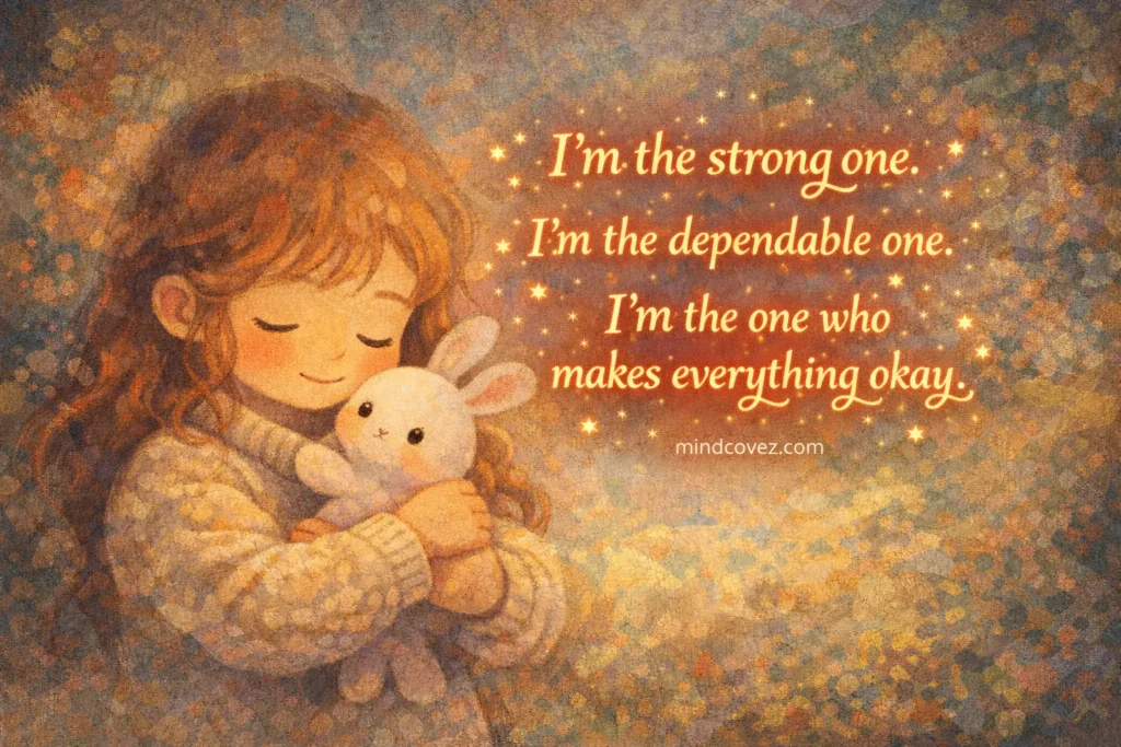 “Cute illustration featuring the quote ‘I’m the strong one. I’m the dependable one. I’m the one who makes everything okay.’ in Gembol-style lettering, with a centered mindcovez.com watermark.”