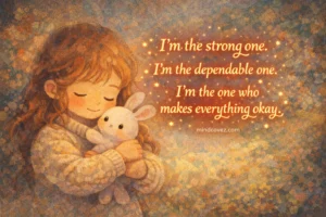 “Cute illustration featuring the quote ‘I’m the strong one. I’m the dependable one. I’m the one who makes everything okay.’ in Gembol-style lettering, with a centered mindcovez.com watermark.”