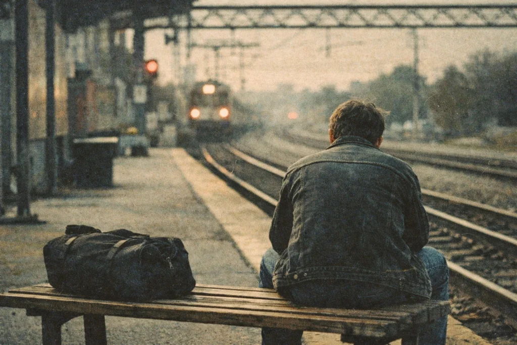 “Grainy, faded photo of a person sitting alone on a train station bench watching a train approach, symbolizing the sunk cost fallacy and staying on the wrong train.”