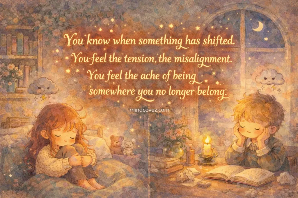 “Atmospheric illustration with kawaii characters in a dreamy magical room, featuring the quote ‘You know when something has shifted…’ in Gembol-style lettering and a centered mindcovez.com watermark.”