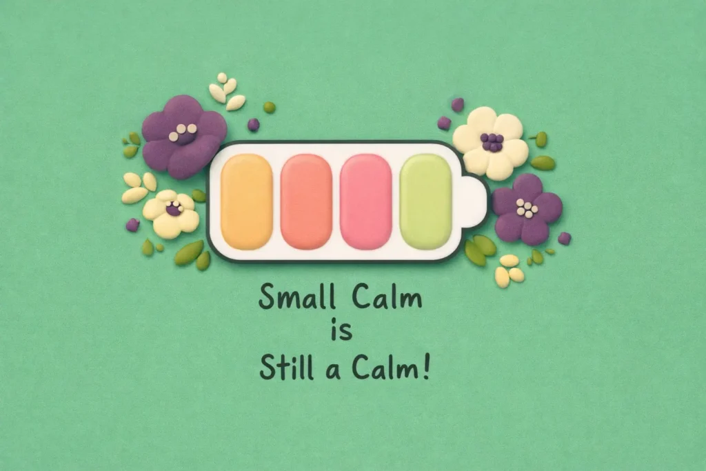 “Dark mint green motivational poster with a puffy 3D battery icon in pastel segments, surrounded by purple and beige flowers, with the text ‘Small Calm is Still a Calm!’—a visual reminder to pause and self-regulate during an amygdala hijack.”