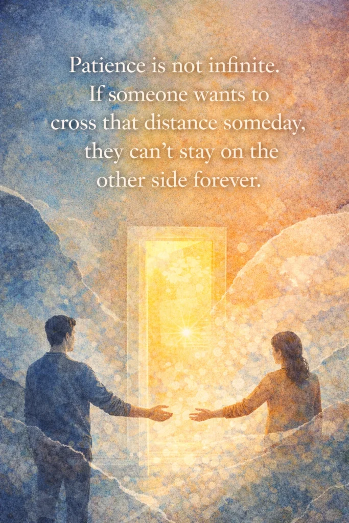 Watercolor-style illustration of two faceless figures standing apart, reaching toward each other across a glowing doorway, symbolizing emotional distance, effort, and the limits of patience in relationships.
