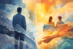 Watercolor-style illustration showing emotional distance, with a solitary figure in cool blue tones facing a warm, connected couple in golden light, with a quote about emotional detachment as protection.