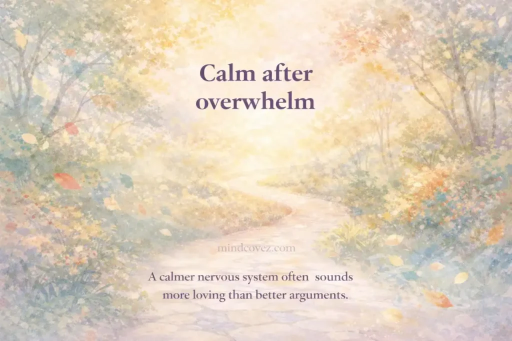 Empathy explained as calm after overwhelm, shown through a peaceful garden path and warm light
