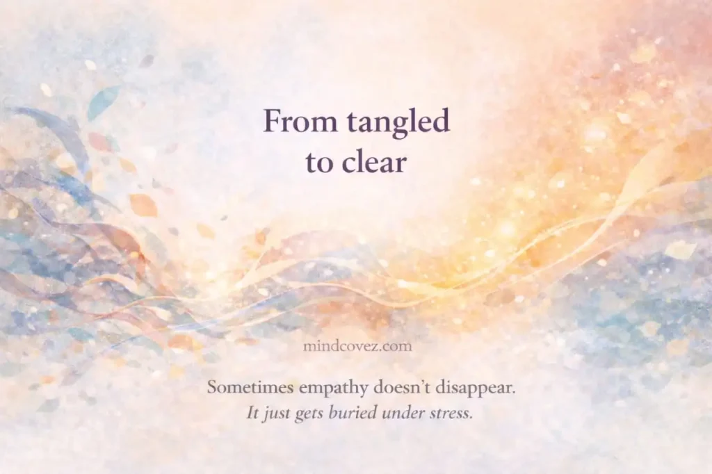 Empathy explained through tangled ribbons softening into clarity, light, and emotional understanding
