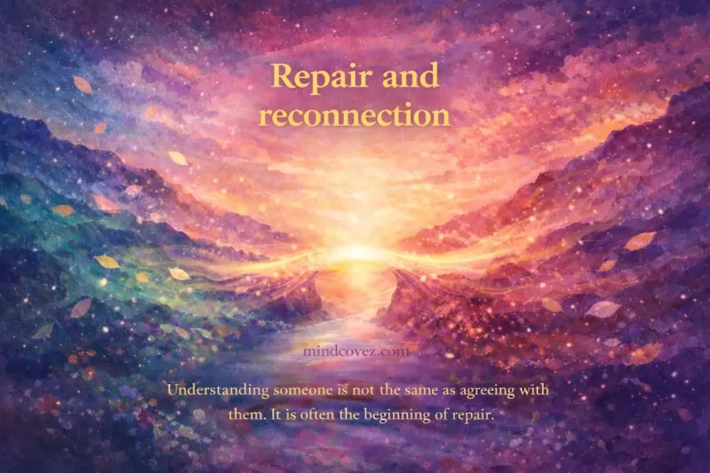 Empathy explained through repair and reconnection, shown by a glowing bridge of light in rich jewel tones
