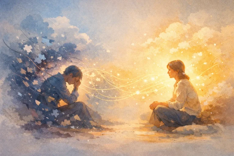Uplifting abstract illustration of empathy showing a distressed figure and a calm listener connected by warm glowing light