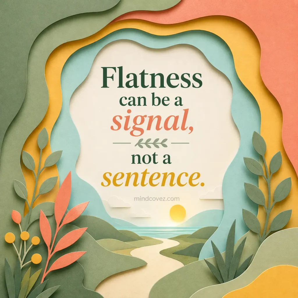 Layered paper-cut quote illustration about emotional numbness saying flatness can be a signal, not a sentence.