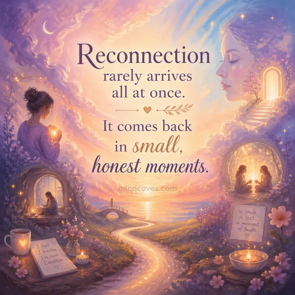 Dreamy quote illustration about emotional reconnection saying reconnection rarely arrives all at once, it comes back in small, honest moments.