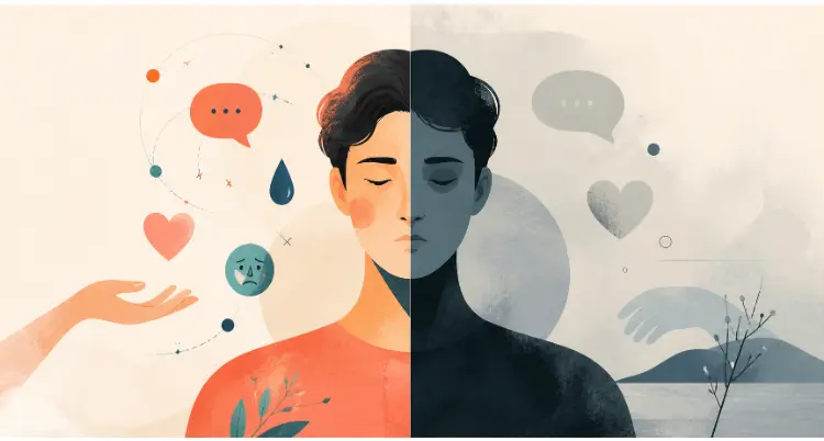 Abstract editorial illustration showing low empathy vs apathy as one split figure, with emotional cues on one side and emotional flatness on the other.