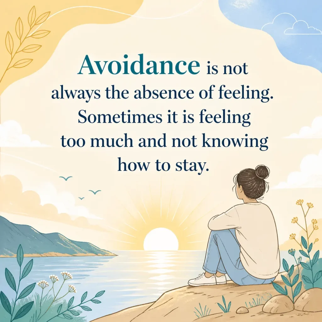 Quote graphic reading, “Avoidance is not always the absence of feeling. Sometimes it is feeling too much and not knowing how to stay,” with a bright illustration of a person looking at a sunrise over the water.