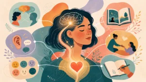 Abstract editorial illustration showing empathy as a learnable skill through perspective-taking, active listening, naming feelings, reading, volunteering, and reflection.
