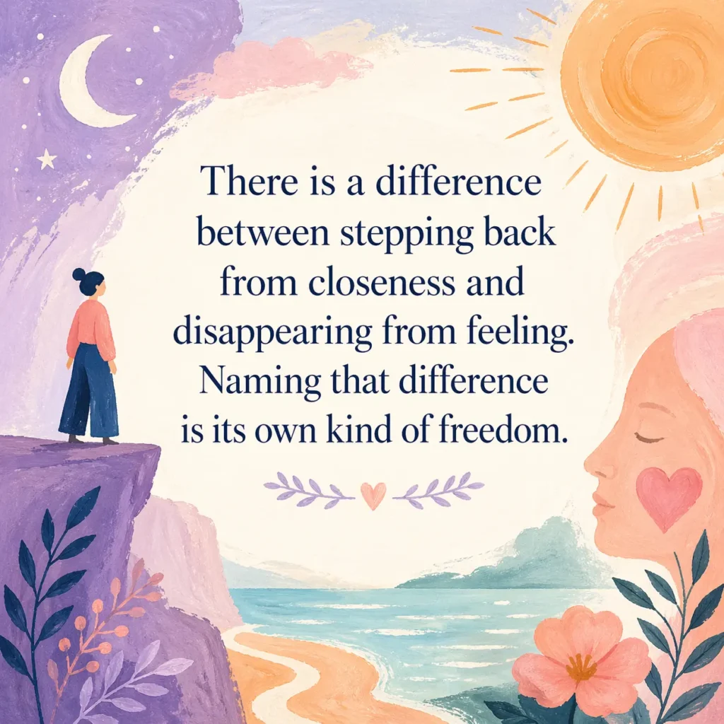Quote graphic reading, “There is a difference between stepping back from closeness and disappearing from feeling. Naming that difference is its own kind of freedom,” with a pastel painted illustration of a shoreline, a standing figure, and a face in profile.