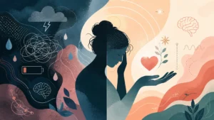 Abstract illustration showing empathy fatigue and compassion, with emotional overwhelm on one side and calm, grounded care on the other.
