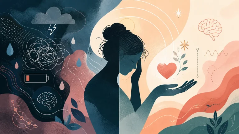 Abstract illustration showing empathy fatigue and compassion, with emotional overwhelm on one side and calm, grounded care on the other.