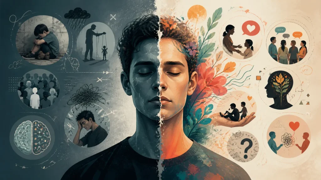 Abstract psychology illustration showing why some people seem to have no empathy, with a split portrait representing emotional detachment, stress, development, personality traits, and empathy-related factors