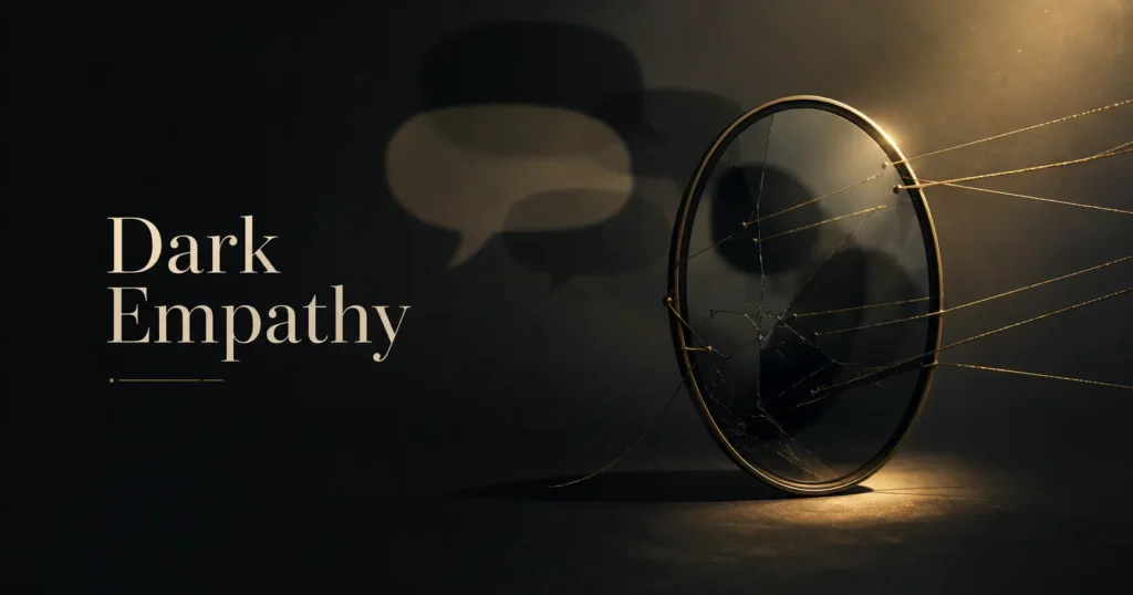 Dark empathy concept showing a fractured mirror with golden threads, symbolizing emotional insight used for control.
