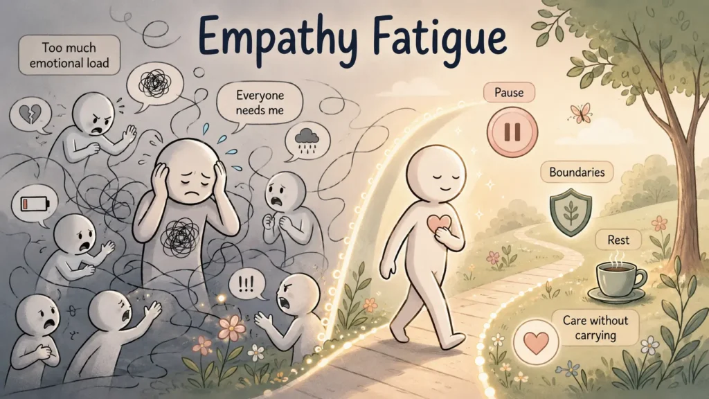 Illustration of empathy fatigue showing emotional overload, emotional exhaustion, boundaries, rest, and caring without carrying everyone’s pain. 