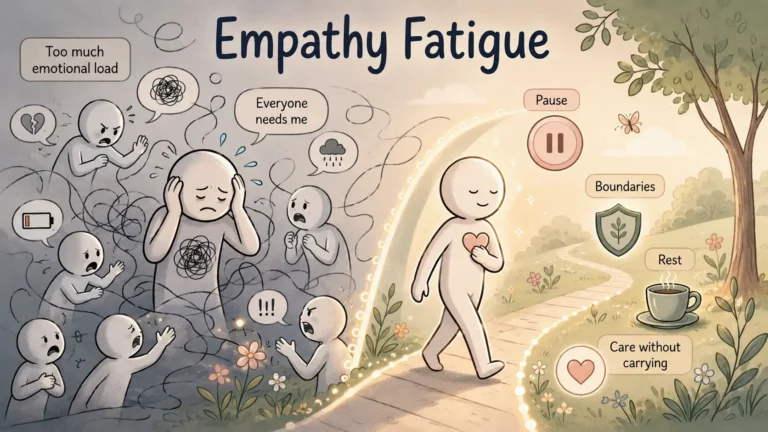 Illustration of empathy fatigue showing emotional overload, emotional exhaustion, boundaries, rest, and caring without carrying everyone’s pain.