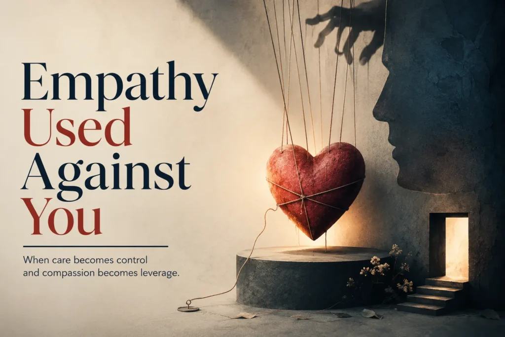 Conceptual illustration of a heart held by strings beside a shadowed figure, representing empathy used against you through emotional leverage and control.