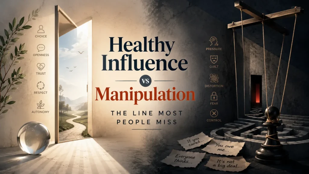 Conceptual psychology illustration showing healthy influence as an open doorway and manipulation as a shadowed maze with control symbols.