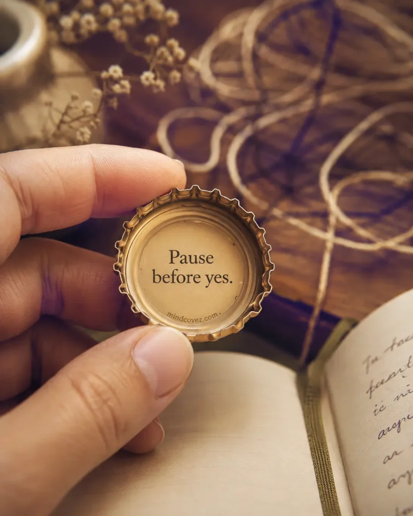 A warm close-up image of a hand holding a bottle cap that says “Pause before yes,” representing emotional boundaries, manipulation awareness, consent, and the importance of choosing freely.