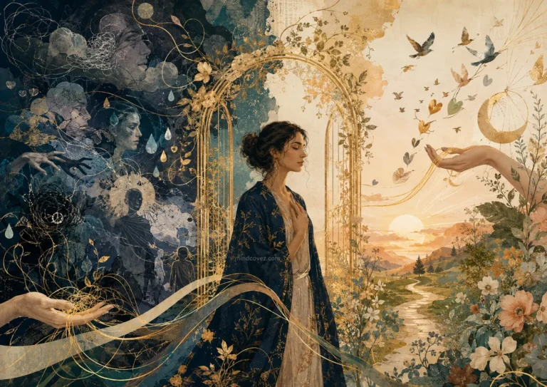 Abstract illustration of a highly empathic person standing between emotional overwhelm and calm, symbolizing boundaries for highly empathic people without becoming cold.